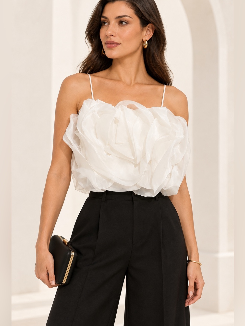 White Ruffled Organza Cami Top